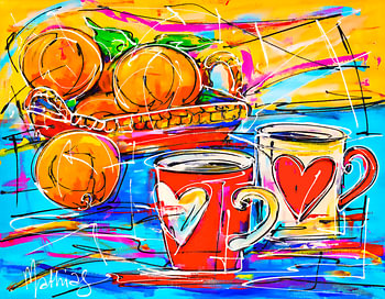 Still life, oranges and cups