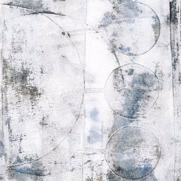 Peinture géométrique abstraite en noir et blanc, bleu pastel, beige et rouille sur Dina Dankers