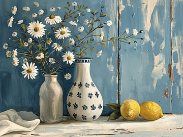 Nature morte en bleu, blanc et jaune sur Studio Allee