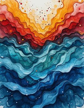 Karminrote und azurblaue Konvergenz: Eine Aquarelldarstellung von feurigen Wellen bei Sonnenuntergang, die auf die Tiefen des Ozeans treffen