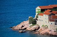 house over the sea. small houses with a tiled roof and green trees by the blue sea. happiness in rel by Michael Semenov thumbnail