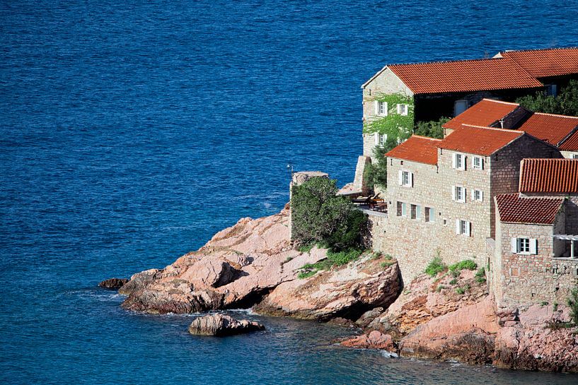 house over the sea. small houses with a tiled roof and green trees by the blue sea. happiness in rel by Michael Semenov