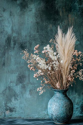 Blauwe vaas met droogbloemen