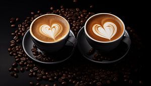 Cups of coffee with beans panorama