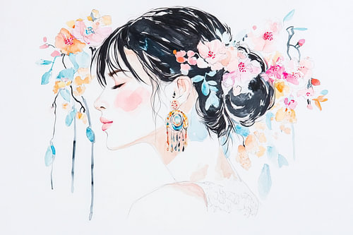 Vrouw met oorbel | Vrouw met bloemen in haar haar van Zen en Meer