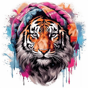 Porträt eines Tiger-Aquarell-Kunstdesigns und buntes Kopftuch