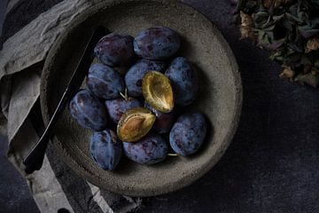 Nature morte de prunes bleues