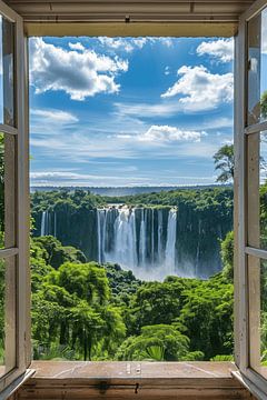 Venster uitzicht op waterval van Poster Art Shop