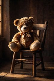 Teddybeer met strik op een houten stoel