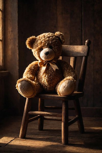 Teddybär mit Schleife auf einem Holzstuhl von Jan Bouma