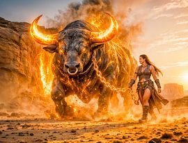 Das Sternzeichen Stier mit einem Krieger, der einen feurigen himmlischen Stier anführt von Havelmomente