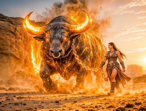 Het sterrenbeeld Stier met een krijger die een vurige hemelse stier leidt