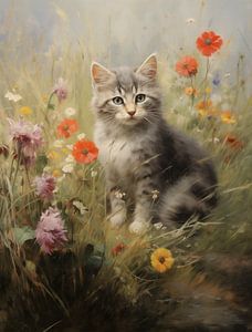 Chaton rayé dans un champ de fleurs coloré