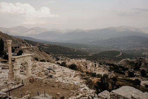 Ruins of an ancient Roman city in the Turkish mountain landscape