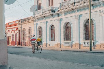 Havana Cuba - Man met zonnebloemen op de fiets van Vincent Versluis