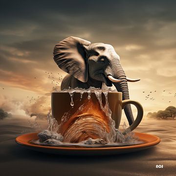 Young elephant happily bathing in a cup by NOS-Design