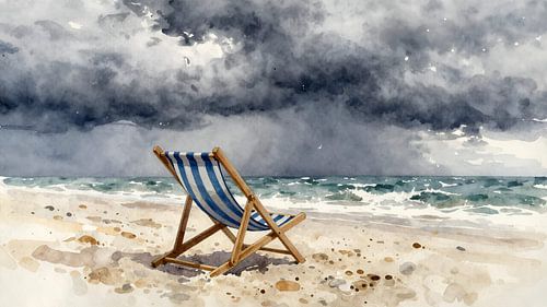 A solitary deckchair by the sea