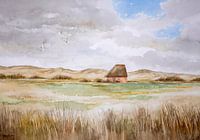 Aquarell einer Dünenlandschaft mit Schafstall auf der Watteninsel Texel.