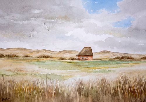 Watercolour painting of a dune landscape with sheepfold on the Wadden island of Texel.