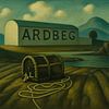 Ardbeg distilleerderij met visserskorf aan de kust van Thijs Schouten