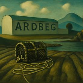 Ardbeg distilleerderij met visserskorf aan de kust van Thijs Schouten