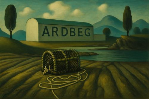 Ardbeg distilleerderij met visserskorf aan de kust