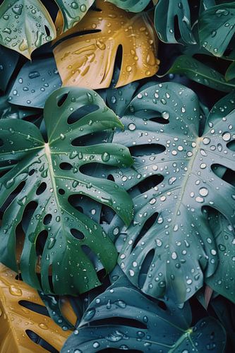 Tropical leaf green with water droplets
