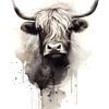 Highlander écossais en gros plan avec aquarelle sur Moody Mindscape