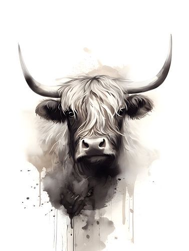 Schotse hooglander close up met waterverf