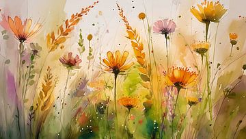 Sfeervol zomers schilderij van een oranje bloemenveld van Studio Pieternel