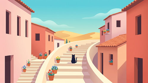 Le chat noir sur les marches fleuries