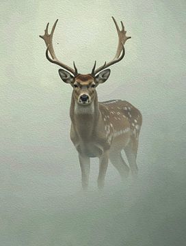 Majestic Deer Misty Fog Impasto Wildlife Portrait by Ramy Salah Hefny