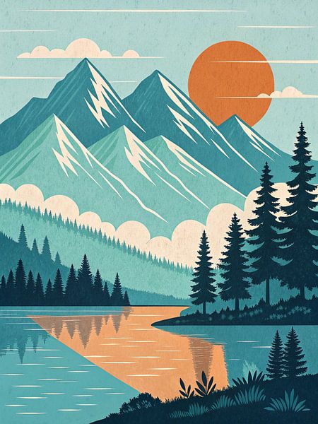 Impression d'art Rustic Lakeside Sunset Wilderness Landscape (Paysage rustique au bord d'un lac) par Artistic