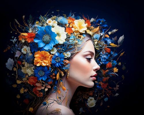 Woman with gold and blue flowers