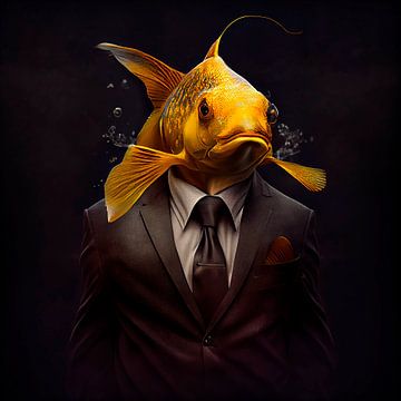 Stately portrait of a Goldfish in a fancy suit by Maarten Knops