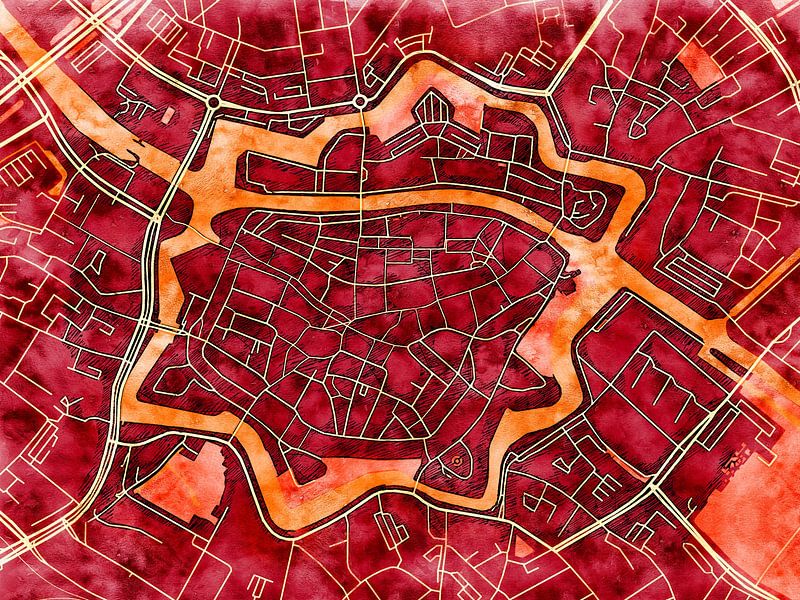 Map of Zwolle centrum with the style 'Amber Autumn' by Maporia