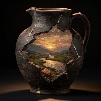 Landschap in vaas kruik – stenen vaas met rivier en zonsondergang