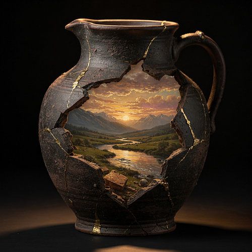 Landschap in vaas kruik – stenen vaas met rivier en zonsondergang