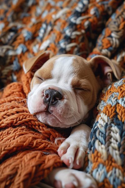 Un chiot bouledogue dort dans une couverture chaude par Imperial Art House
