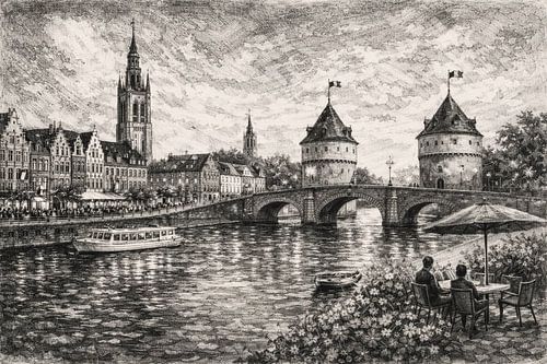 Kortrijk, België, een zwart-wit illustratie.