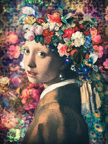 Fille avec une boucle d'oreille en perle dans un dessin numérique avec des fleurs et des oiseaux sur Dutch Art Works