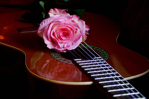 Atmosphärische Gitarre mit Rose.