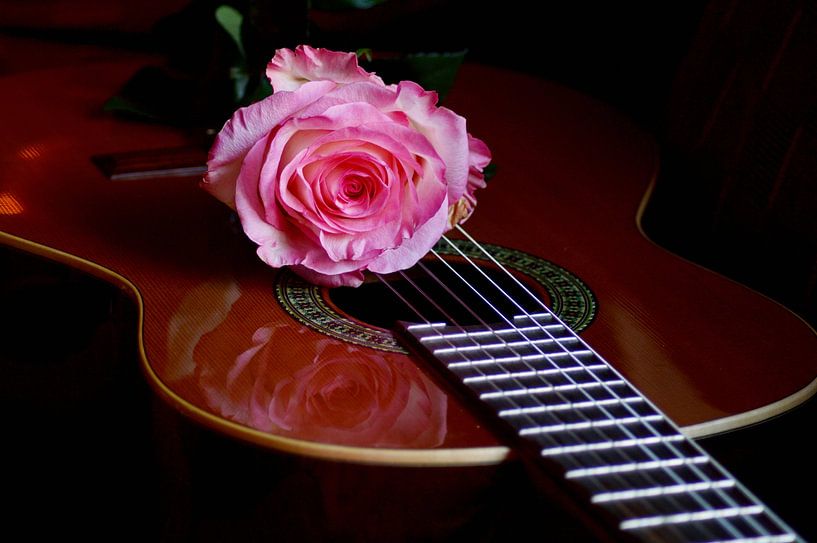 Atmosphärische Gitarre mit Rose. von Vrije Vlinder Fotografie
