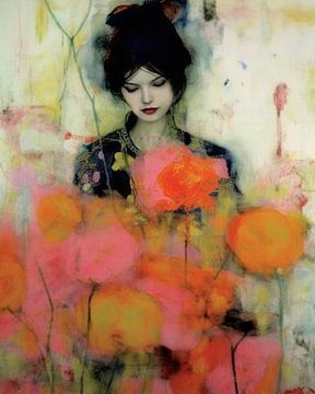 Portret "Flower power" in roze en oranje van Carla Van Iersel