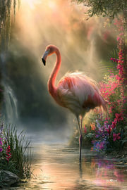 Flamant rose et fleurs tropicales