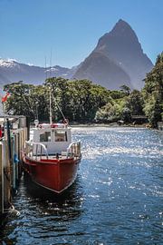Milford Sound steiger met Mitre Peak, Nieuw-Zeeland van Christian Müringer