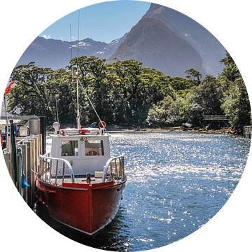 Milford Sound steiger met Mitre Peak, Nieuw-Zeeland