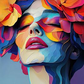 Kleurrijk abstract portret bloeiend modern van Wilma Mesman