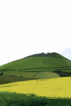 Minimalistisch groen heuvelachtig landschap schilderij van Art & Soul Creations
