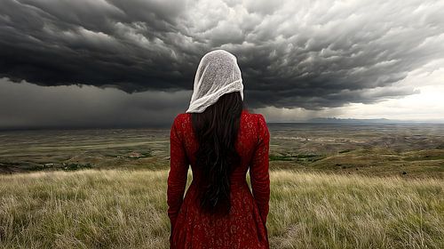 Femme en rouge avant la tempête